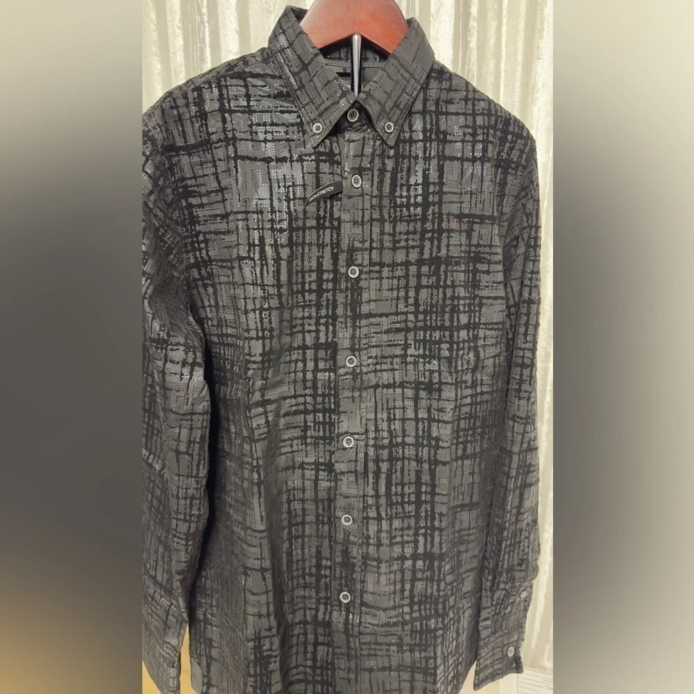 Fried Denim Black metallic pattern button up long sleeve shirt. - Picture 3 of 8